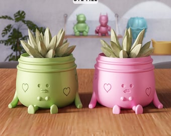 Maceta con forma de corazón en 3D (archivo STL) - Maceta con personaje kawaii (descarga digital)