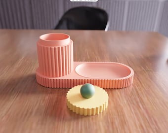 Organizador de almacenamiento acanalado 3D (archivo STL) - Contenedor de escritorio moderno con tapa (descarga digital)