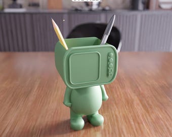 3D Retro TV Character Pen Holder STL File - Desk Organizer Decor (Digital Download)