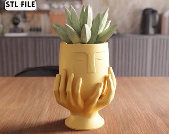3D Face Planter Hands Holding Pot STL File – Unique Artistic Vase Design (Digital Download)