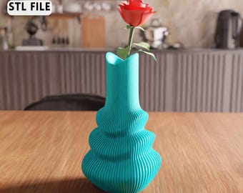 3D Rippled Geometry Vase STL File - Modern sculpted decor flower holder (Digital Download)