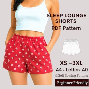 May include: Red sleep lounge shorts with a white floral pattern. The shorts have an elastic waistband and pockets. The image also includes text that says "SLEEP LOUNGE SHORTS PDF Pattern" and "XS - 3XL".