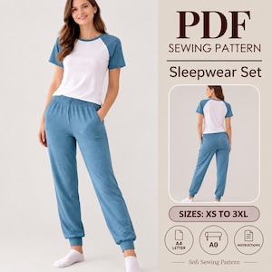 May include: A PDF sewing pattern for a sleepwear set, featuring a white and blue raglan t-shirt and matching blue joggers. The text reads PDF SEWING PATTERN Sleepwear Set, SIZES: XS TO 3XL, A4 LETTER, A0, INSTRUCTIONS, and Sofi Sewing Pattern.