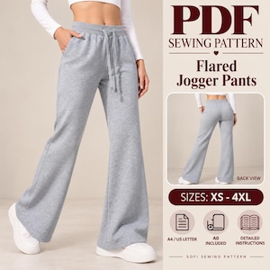 May include: A PDF sewing pattern for flared jogger pants in sizes XS-4XL. The image displays light gray sweatpants with a drawstring waistband and side pockets, shown from the front and back. Includes A4, US Letter, and A0 formats with instructions.