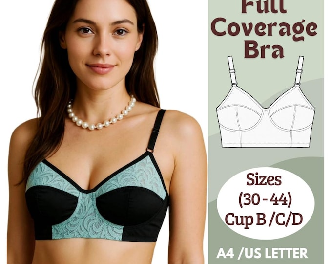 Featured listing image: Full Coverage Bra Sewing Pattern | DIY Wireless Bra PDF | Soft Cup Bra Pattern with Lace | Sizes 30-44, Cups B/C/D | Instant Download
