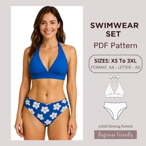 Wzór na bikini w formacie PDF | Komplet kostiumów kąpielowych XS–3XL | Wzór do szycia dla początkujących | A4, litera A0