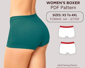Women's Boxer Brief Sewing Pattern, No Front Seam Panty PDF, Seamless Front Underwear with Gusset, XS - 4XL