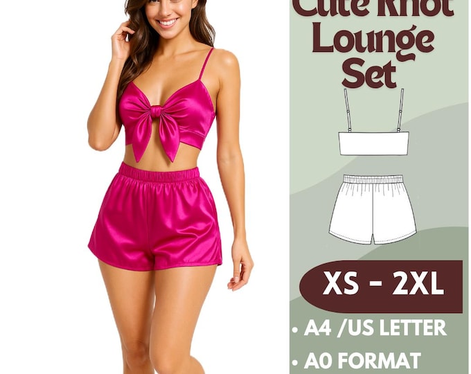 Featured listing image: Satin Lounge Set Sewing Pattern – PDF Pattern for Bow Tie Top and Shorts, Sizes XS - 2XL –Beginner Friendly – Include Instructions