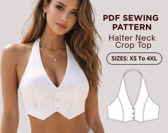 Women’s Halter Crop Top Sewing Pattern XS–4X, Button Front Vest Top PDF, Summer Top DIY, Instant Download, Beginner Friendly