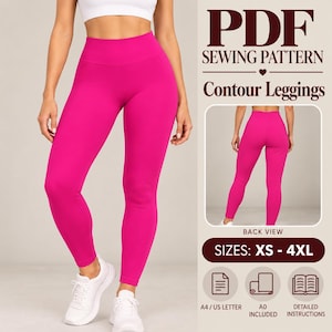 May include: A PDF sewing pattern for contour leggings in sizes XS to 4XL. The image displays bright pink high-waisted leggings from the front and back, with icons indicating A4, US letter, and A0 paper formats plus detailed instructions.