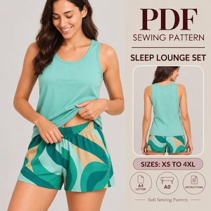 May include: A PDF sewing pattern for a sleep lounge set, including a solid light green tank top and patterned shorts with wavy green and tan shapes. The text reads PDF SEWING PATTERN, SLEEP LOUNGE SET, SIZES: XS TO 4XL, A4 LETTER, A0, INSTRUCTIONS.