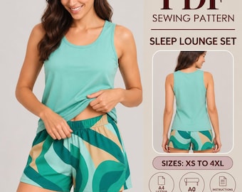 May include: A PDF sewing pattern for a sleep lounge set, including a solid light green tank top and patterned shorts with wavy green and tan shapes. The text reads PDF SEWING PATTERN, SLEEP LOUNGE SET, SIZES: XS TO 4XL, A4 LETTER, A0, INSTRUCTIONS.