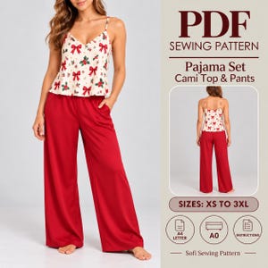 May include: A PDF sewing pattern for a pajama set including a cami top and pants. The cami features a white background with a red bow and green holly print. The pants are solid red with a wide-leg cut. Text includes PDF SEWING PATTERN, Pajama Set Cami Top & Pants, SIZES: XS TO 3XL, A4 LETTER, A0, INSTRUCTIONS, and Sofi Sewing Pattern.