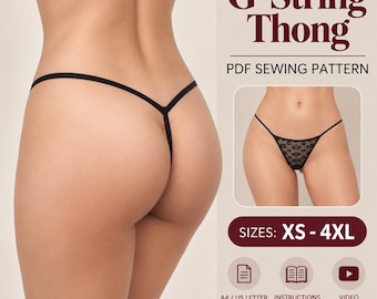 Könnte beinhalten: Ein PDF-Schnittmuster für einen G-String mit einem schwarzen Tanga mit dünnen Trägern. Das Bild enthält den Text: G-String Thong, PDF SEWING PATTERN, SIZES: XS - 4XL, A4 / US LETTER, INSTRUCTIONS INCLUDED, VIDEO TUTORIAL. Eine Vorderansicht ist abgebildet.