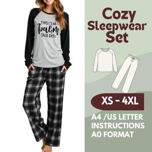 Padrão de costura para conjunto de pijama – blusa de manga comprida e calças de moletom PDF – Padrão de roupa de dormir feminina – tamanhos XS-4XL – A4, carta, A0