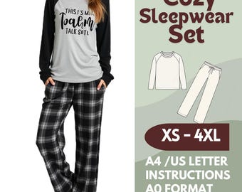 Pajama Set Sewing Pattern – Long Sleeve Top and Lounge Pants PDF – Women’s Sleepwear Pattern – Sizes XS-4XL – A4, Letter, A0