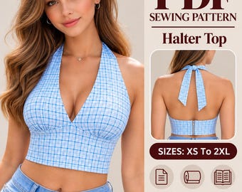 May include: A PDF sewing pattern for a halter top with a blue and white plaid print. The pattern includes sizes XS to 2XL, A4, US letter, and A0 formats with instructions. The top features a deep V-neckline, a cropped hem, and a tie-back closure.