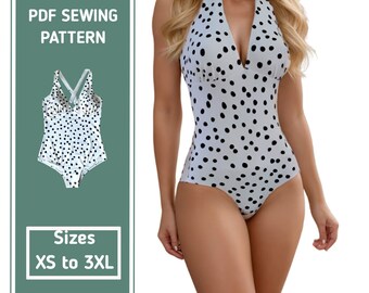 Chic Halter Swimsuit Pattern / halter swimwear / full coverage swimsuit one piece /sizes (XS to 3XL) / include instructions and video