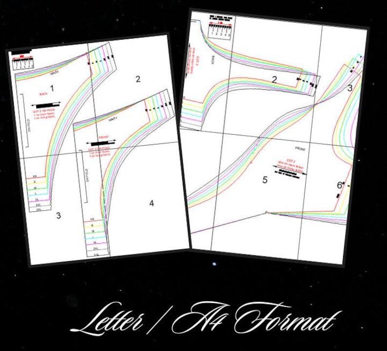 May include: A sewing pattern layout for Letter and A4 format, featuring numbered sections and multi-colored lines representing sizes from XS to 3XL. The white pages include black text, directional arrows, and a 5-inch scale reference ruler.