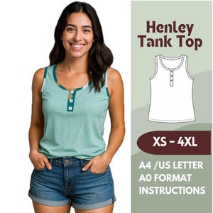 Tank Top Sewing Pattern – Sleeveless Henley Style Shirt PDF – Casual Knit Top Pattern for Women – Sizes XS-4XL – A4, Letter, A0