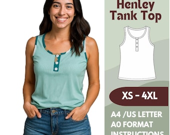 Tank Top Sewing Pattern – Sleeveless Henley Style Shirt PDF – Casual Knit Top Pattern for Women – Sizes XS-4XL – A4, Letter, A0