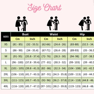 May include: Size chart for clothing with measurements in inches and centimeters. The chart shows sizes from XS to 4XL with corresponding bust, waist, and hip measurements.