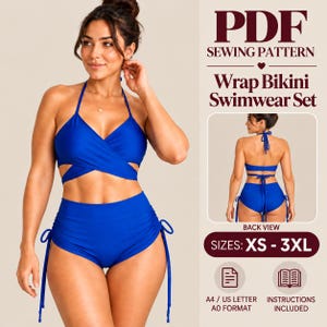 Peut inclure: Un patron de couture PDF pour un ensemble bikini à nouer bleu roi. L'ensemble comprend un haut à encolure américaine et un bas taille haute avec des liens sur les côtés. Le texte indique PDF SEWING PATTERN, Wrap Bikini Swimwear Set, BACK VIEW, SIZES: XS - 3XL.