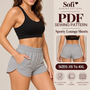 May include: A PDF sewing pattern for sporty lounge shorts labelled Sofi Sewing Pattern. The image displays a black sports bra and grey shorts with an elastic waistband and side pockets. Includes sizes XS to 4XL, A4, US Letter, and A0 formats.