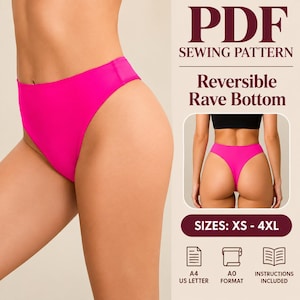 Puede incluir: Un patrón de costura en PDF para una braga de rave reversible, con un diseño de bikini de corte alto en color rosa intenso. El texto incluye PDF SEWING PATTERN, Reversible Rave Bottom, SIZES: XS - 4XL, A4 US LETTER, A0 FORMAT e INSTRUCTIONS INCLUDED.