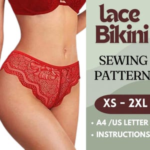 Puede incluir: Patrón de costura de bikini de encaje rojo. El patrón incluye las tallas XS-2XL y viene con instrucciones A4/US letter.