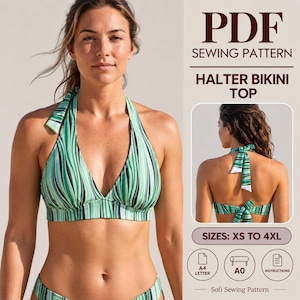 Halter Bikini Top Sewing Pattern PDF, Ruched Triangle Swim Top, DIY Swimsuit Pattern, Instant Download, XS-4XL