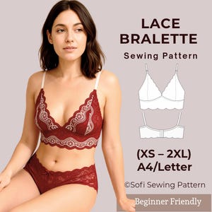 Può includere: Un completo di bralette e slip in pizzo bordeaux. Il bralette presenta un bordo smerlato e spalline bianche. L'immagine include un diagramma del modello di cucito e il testo "LACE BRALETTE Sewing Pattern (XS - 2XL) A4/Letter" e "Beginner Friendly".