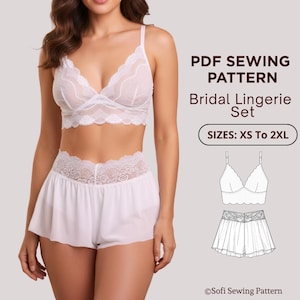 Puede incluir: Conjunto de lencería nupcial blanco con un sujetador con ribete de encaje y pantalones cortos a juego. La imagen incluye un patrón de costura PDF con el texto "Bridal Lingerie Set" y "Sizes: XS To 2XL". El diseño es delicado y femenino.
