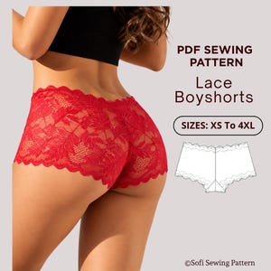 May include: A PDF sewing pattern for lace boyshorts in sizes XS to 4XL. The image displays red lace boyshorts with a scalloped edge and a technical line drawing of the garment. Text includes PDF SEWING PATTERN, Lace Boyshorts, SIZES: XS To 4XL.