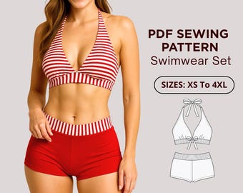 PDF Sewing Pattern Two Piece Swimsuit Set, Halter Bikini Top & High Waist Swim Shorts, Sizes XS-4XL, Women's Swimwear Digital Pattern