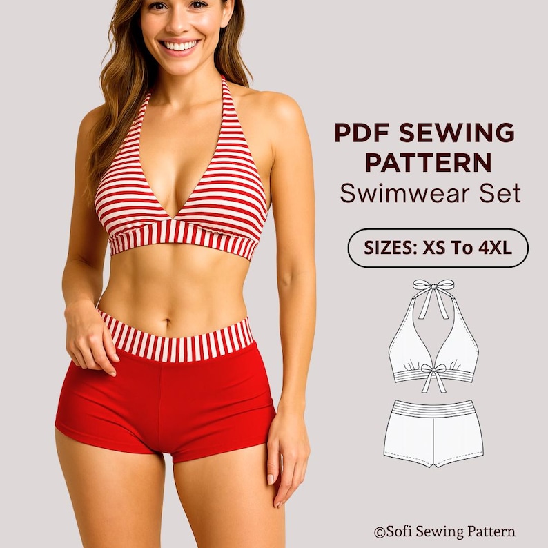 PDF-sömnadsmönster för tvådelat baddräktsset för kvinnor, halterneckbikini och badshorts, storlekar XS till 4XL, digitalt mönster bild 1