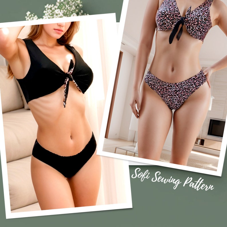May include: A two-piece bikini set featuring a black tie-front top and matching black bikini bottoms. A second view shows the same bikini set in a pink and black leopard print pattern. The text Sofi Sewing Pattern is visible in the corner.