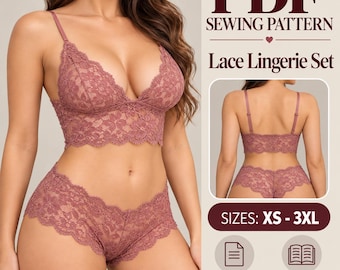 Lace Bralette and Panty Sewing Pattern PDF | Women Lingerie Set Pattern | Soft Cup Bra and Culotte Panties | Instant Download XS-3XL