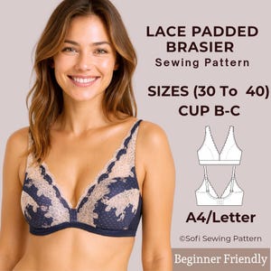Nähanleitung für einen gepolsterten Spitzen-Bralette – PDF mit Schaumstoff-Cups – Bügelloser DIY-BH – Größen 30 bis 40 (Cup B/C)
