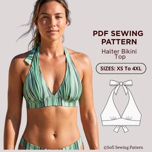 May include: A woman wearing a green and black striped halter bikini top. The image includes text that reads "PDF SEWING PATTERN Halter Bikini Top SIZES: XS To 4XL". A line drawing of the halter bikini top is also shown.