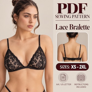 May include: A black lace bralette sewing pattern PDF featuring a front view and a back view of the garment. The text reads PDF SEWING PATTERN, Lace Bralette, SIZES: XS - 2XL, A4 / US LETTER, and INSTRUCTIONS INCLUDED with icons.