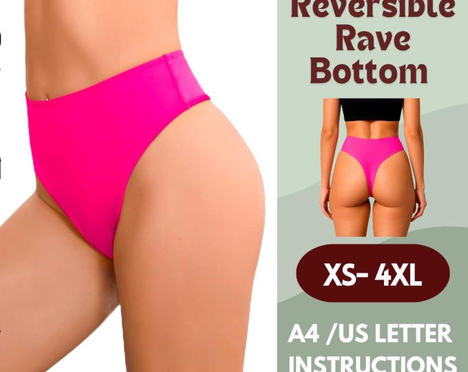 Featured listing image: Reversible Rave Bikini Bottom Sewing Pattern | Cheeky Thong for Pole Dance & Swimwear | PDF Pattern XS-4XL | A4 + US Letter