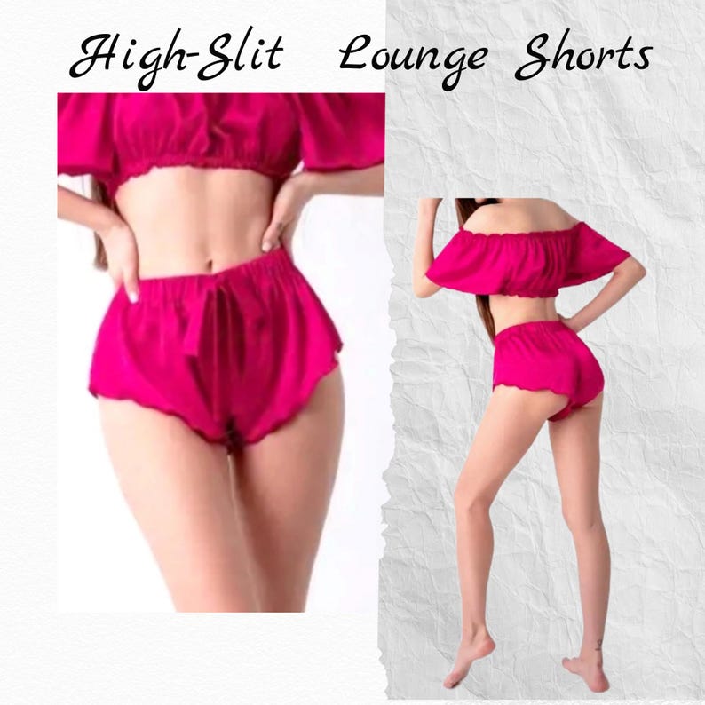 May include: A pink satin lounge set with a high-slit short and an off-the-shoulder top. The set features a drawstring waist and ruffled edges.