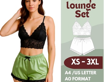 Lace Bralette and Satin Shorts Sewing Pattern PDF | Lingerie Set Pattern | DIY Sleepwear Set | XS-4XL | Beginner-Friendly