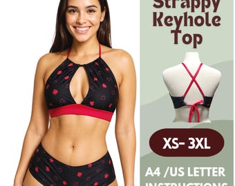 Halter Bikini Top Sewing Pattern – Beginner Friendly Swimsuit Top with Front Cutout – Reversible Swim Top XS–3XL