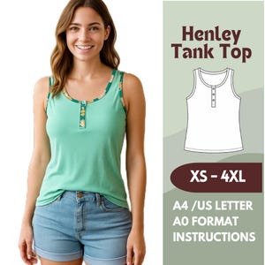 Padrão de costura de regata – Camisa estilo Henley sem mangas PDF – Padrão de blusa de malha casual para mulheres – Tamanhos XS-4XL – A4, Carta, A0