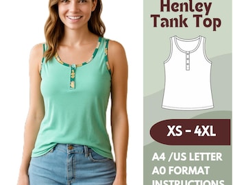 Tank Top Sewing Pattern – Sleeveless Henley Style Shirt PDF – Casual Knit Top Pattern for Women – Sizes XS-4XL – A4, Letter, A0