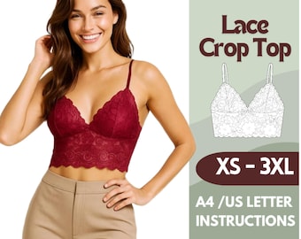 Lingerie Crop Top Sewing Pattern – PDF Longline Bralette Pattern for Women – Lace Top Sewing Pattern – Sizes XS-3XL – A4, Letter