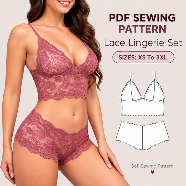 Patron de lingerie en dentelle (brassière et culotte), tailles XS à 3XL, PDF imprimable, ensemble de sous-vêtements à faire soi-même, couture pour débutants