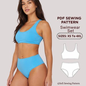 Può includere: Un set da bagno a due pezzi blu brillante composto da un top con scollo rotondo e uno slip a vita alta. Testo: PDF SEWING PATTERN Swimwear Set SIZES: XS To 4XL. Include un disegno al tratto bianco e Sofi Sewing Pattern.